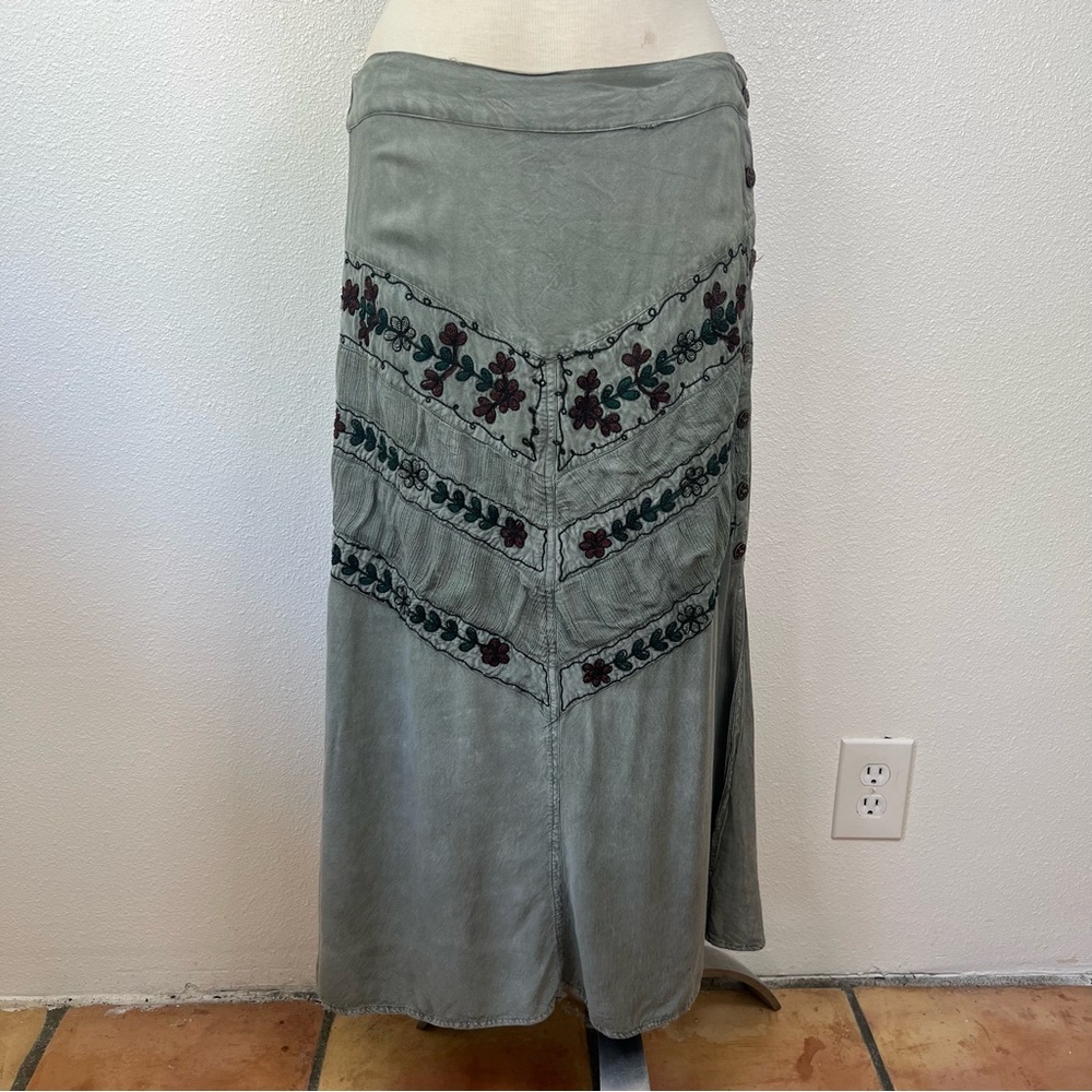 Boho Embroidered Sage Green Maxi Skirt
